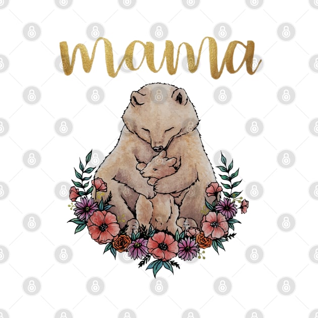 Watercolor Mothers Day Mama Bear with Cub and Flowers by Jessfm