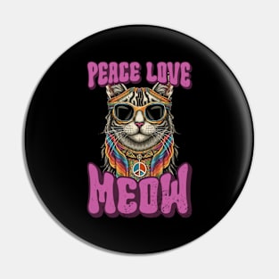 Peace Love Meow, Retro Groovy Style Hippie Cat Lover Design Pin