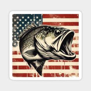 Retro Vintage Bass Fishing on American Flag Magnet