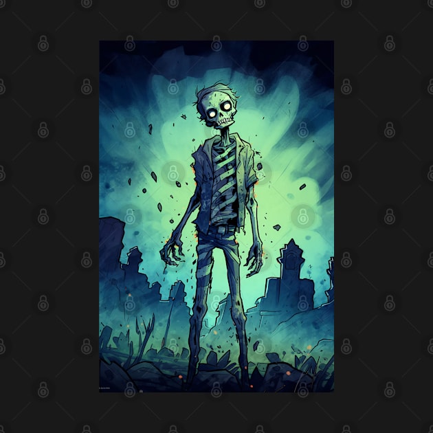 Funny Comical Halloween Zombie on an Eerie Graveyard Background by designs4days