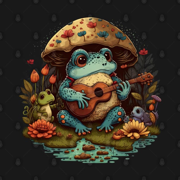 Cottagecore aesthetic cute frog playing ukelele on Mushroom by JayD World