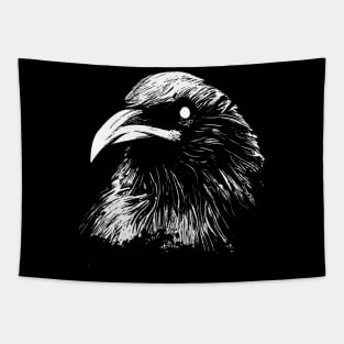 Mystic Avian: White Lines Crow Head Design Tapestry