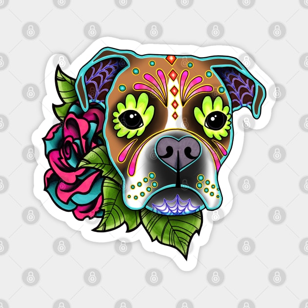 Boxer in White Fawn - Day of the Dead Sugar Skull Dog Magnet by prettyinink