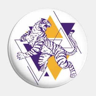 Retro Purple & Gold Tiger on the Attack // Vintage Geometric Shapes Background Pin