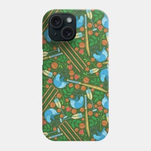 Blue helmet and cricket wickets on roses and balls field Phone Case