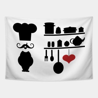 Chef silhouette with kitchen elements Tapestry