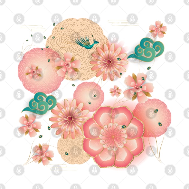 Beautiful floral elegant peony, blossom sakuras, lanterns Spring flowers peacock, pink floral decorative pattern. Cute Birthday Gifts. Chines New Year. by sofiartmedia