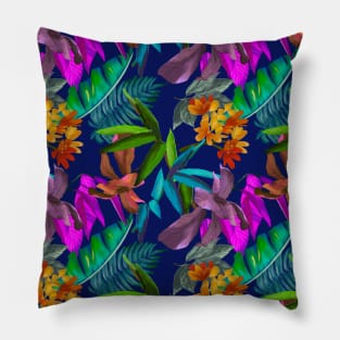 tropical floral leaves botanical garden, tropical plants,leaves and flowers, dark blue leaves pattern Pillow