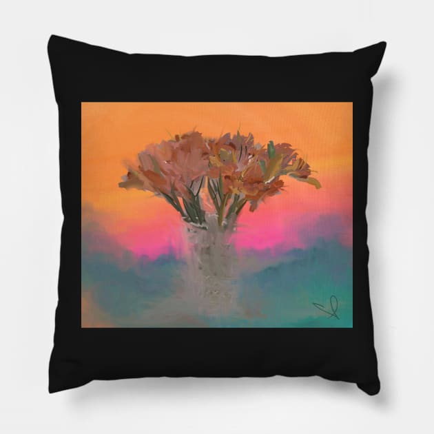 Chemical sunset on the cities of the world but the flowers bloom forever. Pillow by trishaclarkin