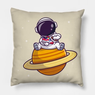 Cute Astronaut Brushing Shoes On Planet Cartoon Pillow