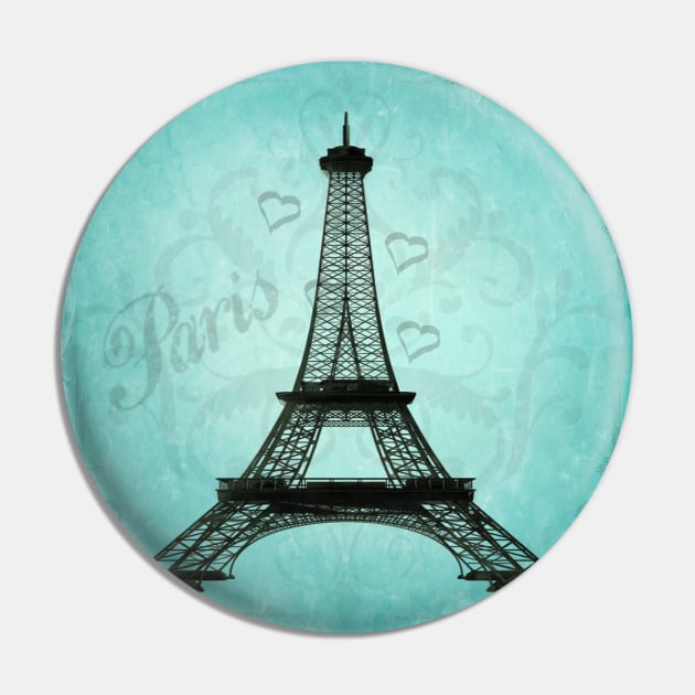 Paris Eiffel Tower Silhouette Abstract Teal Aqua Hearts Pin by Jim N Em Designs