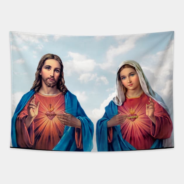 Sacred and Immaculate Hearts (Jesus and Mary) with sky background Tapestry by Brasilia Catholic