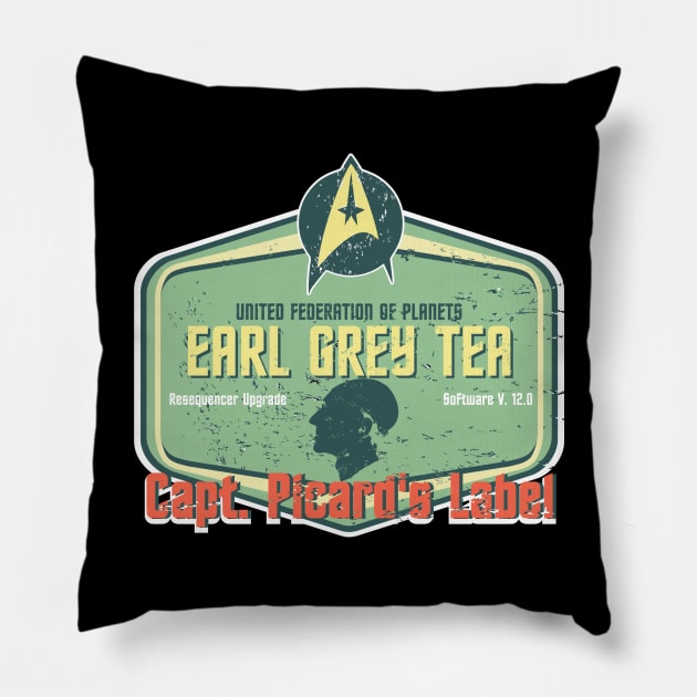 CAPT. PICARD'S LABEL EARL GREY TEA Pillow by karmadesigner