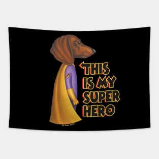 Superhero Doxie Dog with cape on Dachshund Super Dog with Yellow Cape tee Tapestry