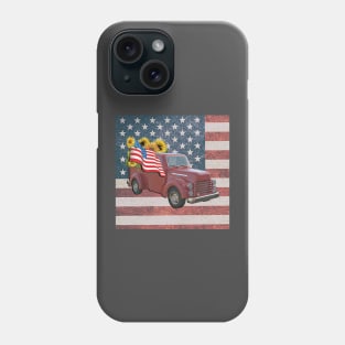 Vintage Pickup Truck Design, Sunflowers & USA American Flag Phone Case