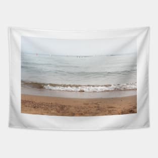 Pastel Blue Waves Washing Onto Sandy Beach in Summer Tapestry