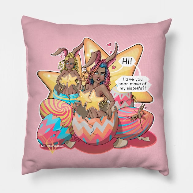 Hi, have you seen my sisters? Reva Easter bunny Pillow by Mei.illustration