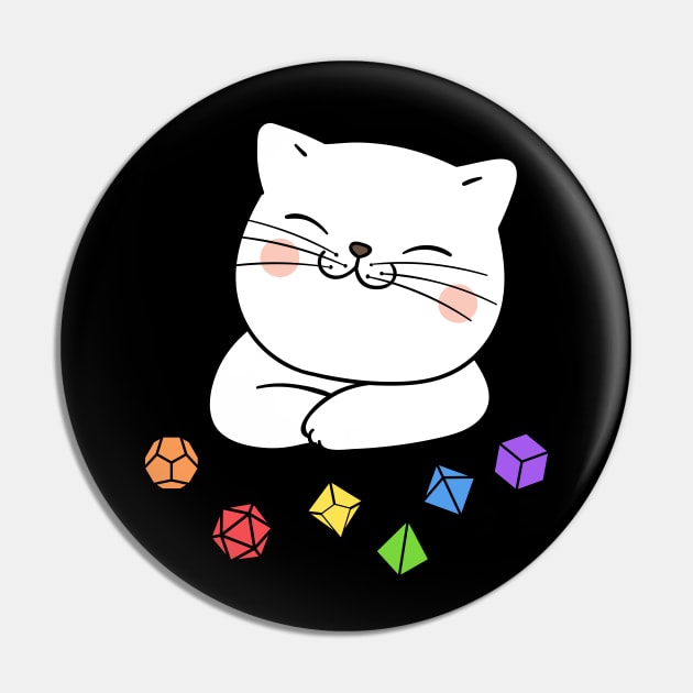 Rainbow Dungeon Meowster Kitten with Polyhedral Dice Set Pin by dungeonarmory