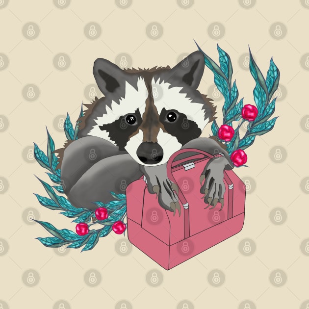 Fashionable raccoon with pink bag and flowers by KateQR