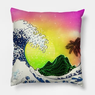 80s style great wave and palm trees Pillow