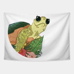 Comic Cartoon turtle With Grass And Flowers, Tortoise Lovers Tapestry