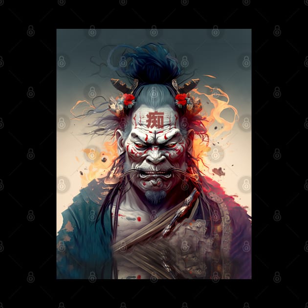 Wrath of a Samurai No. 2: Oni Transformation  -- Perturbed Samurai with the word for "Idiot", "Stupid" in kanji (痴 [chī] ) on his forehead on a Dark Background by Puff Sumo