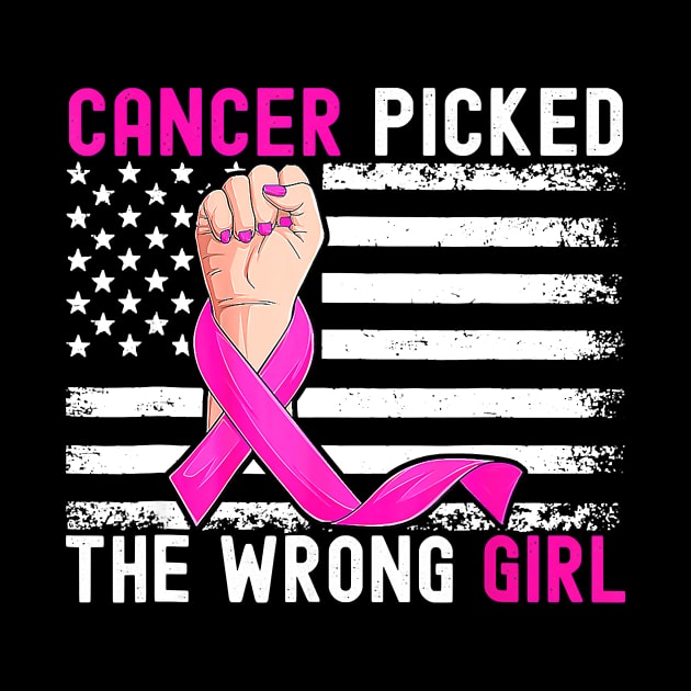 US Flag Cancer Picked The Wrong Girl Breast Cancer Awareness by everetto