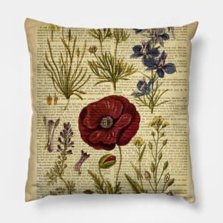 Botanical print, on old book page vintage - red poppy and garden flowers Pillow