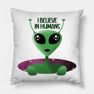 Alien UFO I Believe in Humans Blue Pillow