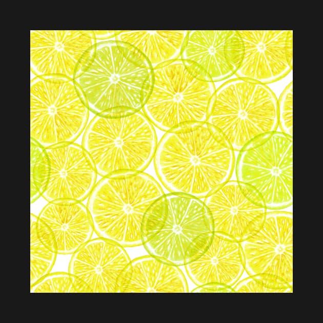 Lemon lime transparent slice print. Vibrant summer watercolor pencil illustration. Translucent yellow citrus fruits by likapix