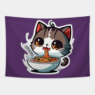 Adorable Kitten Enjoying a Heartwarming Meal Tapestry