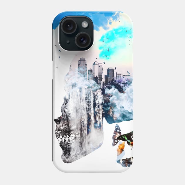 Mystic Skull beautiful blue sky city scape butterfly Phone Case by Glass Table Designs