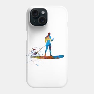 Young man practices paddle surfing in watercolor Phone Case