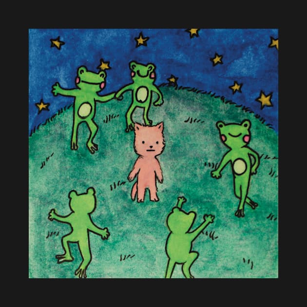 frogs dancing around a cat cottagecore meme watercolor illustration by maoudraw