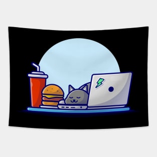 Cute Cat Sleeping On Laptop With Burger And Soda Cartoon Vector Icon Illustration Tapestry