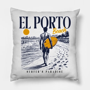 Vintage Surfing El Porto Beach, California // Retro Surfer Sketch // Surfer's Paradise Pillow