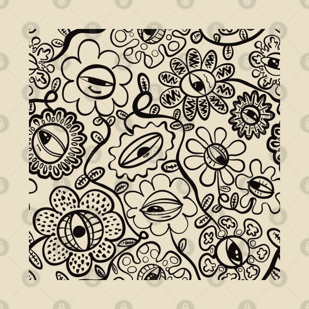 Graphic Eye Flower Pattern Black Ink Linework by SubtleSplit