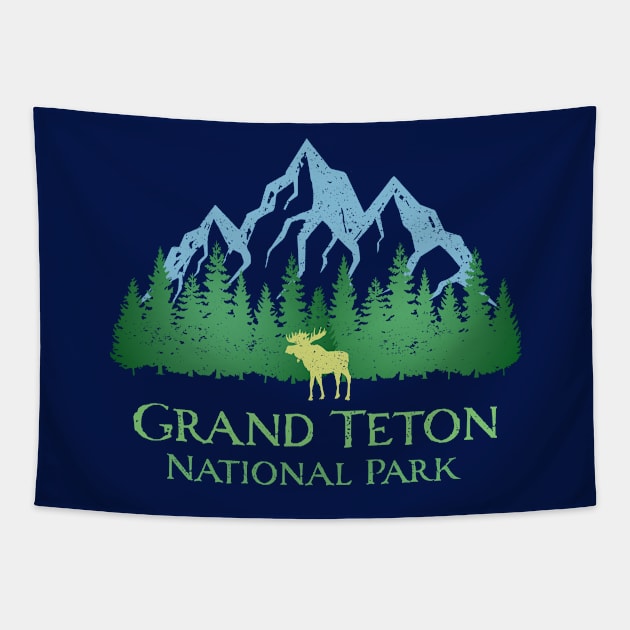 Grand Teton National Park Distressed Mountain Trees Moose Souvenir Tapestry by Pine Hill Goods