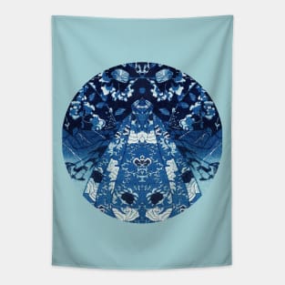 Japanese Abstract Collage Kuniyoshi Print Round Indigo/Blue/Aqua Tapestry