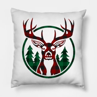 Christmas Deer Head Red Buffalo Plaid Pillow