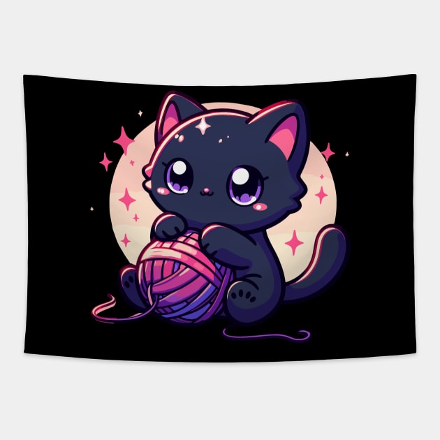 Cat and knitting kawaii cat with yarn ball Tapestry by TomFrontierArt