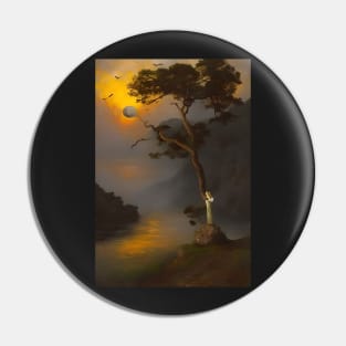 Surreal Tranquil Dark Landscape Lonely with Waters and a Tree by the Mountains Pin