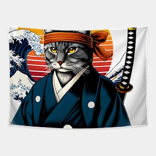 Vaporwave Samurai Cat Great Wave Off Kanagawa Tapestry