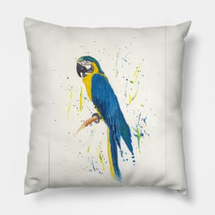 Blue and Gold Macaw in Watercolor and Ink Pillow