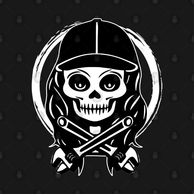 Female Plumber Skull and Wrench White Logo by Nuletto