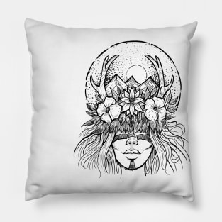 Forest shaman with flowers and antlers Pillow