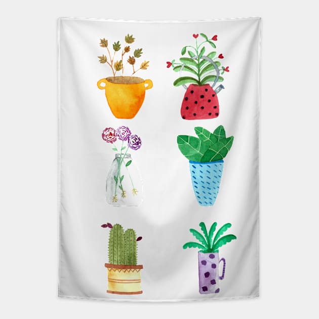 Watercolor potted plants collection house plants hand painted Tapestry by Cris Banana