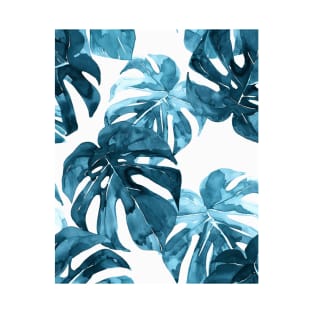 Blue Monstera Leaves Pattern T-Shirt