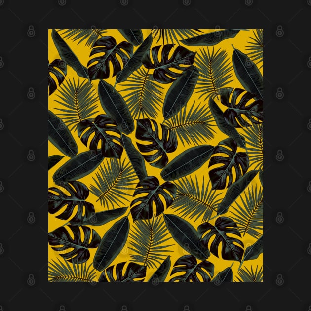 Tropical Black Green Leaves Pattern on Mustard Yellow by OneThreeSix