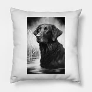 Flatcoated retriver black and white painting Pillow